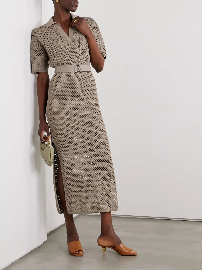 Brunello Cucinelli Belted Open-knit Cotton Midi Dress | Thumbnail 2