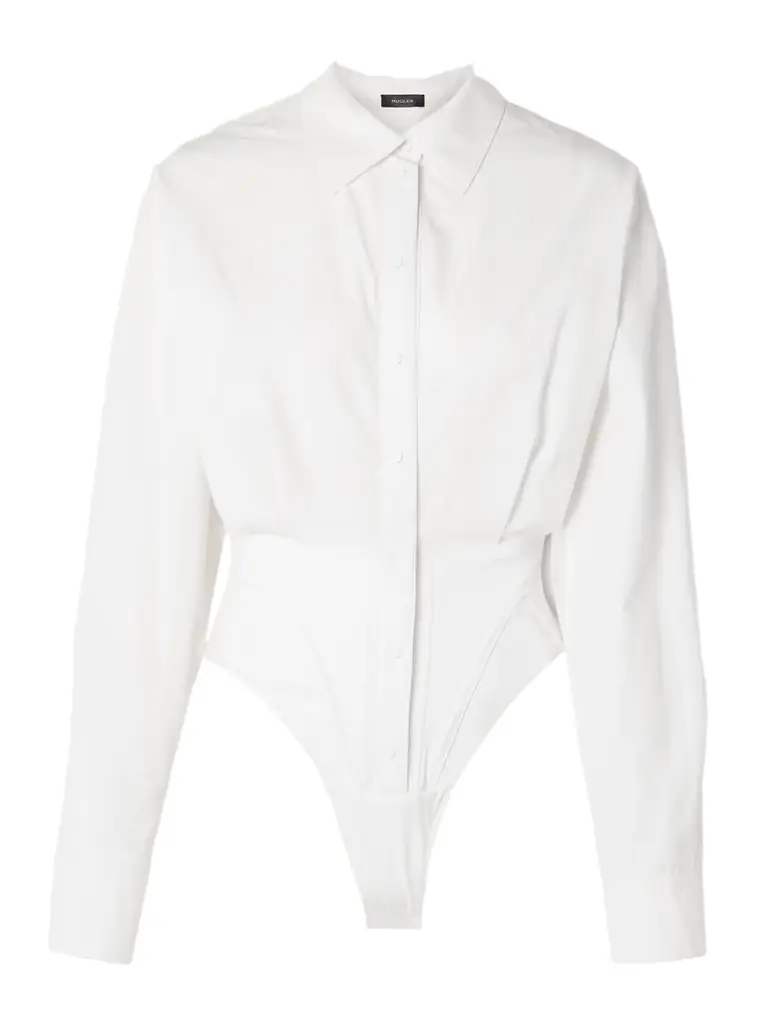 Mugler Jersey-trimmed Cotton-poplin Thong Bodysuit | Thumbnail 1 Mugler Jersey-trimmed Cotton-poplin Thong Bodysuit | Thumbnail 1