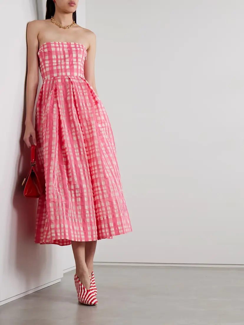 Rosie Assoulin Oh Oh Liva Strapless Pleated Checked Organza And Taffeta Maxi Dress - US0 | Thumbnail 2 Rosie Assoulin Oh Oh Liva Strapless Pleated Checked Organza And Taffeta Maxi Dress - US0 | Thumbnail 2
