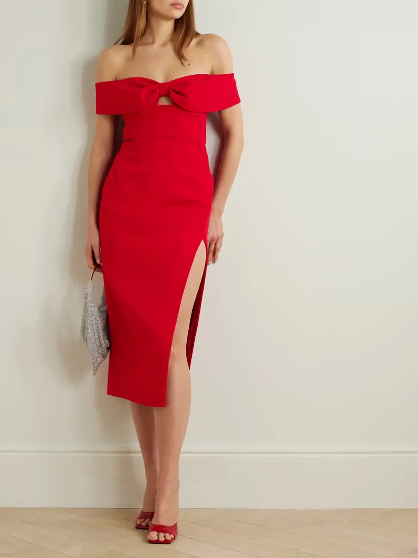 Self-Portrait Off-the-shoulder Bow-embellished Crepe Midi Dress | Thumbnail 2