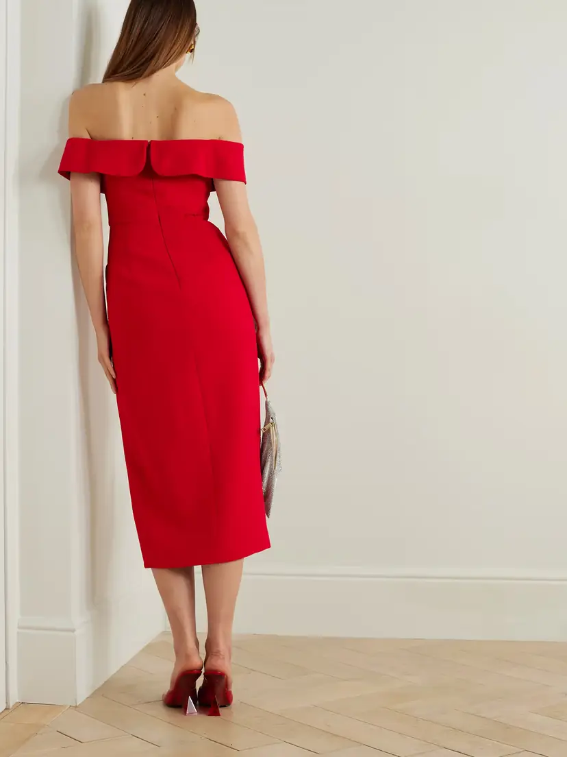 Self-Portrait Off-the-shoulder Bow-embellished Crepe Midi Dress | Thumbnail 3