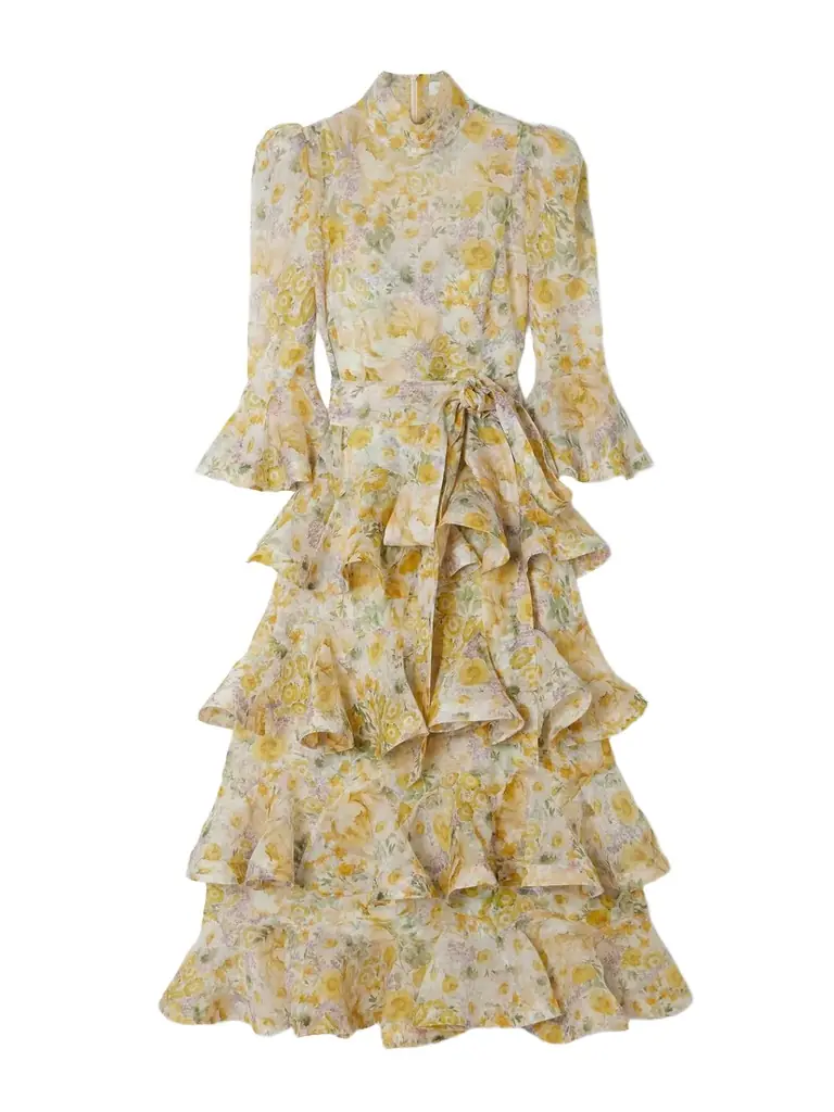 Zimmermann Harmony Tiered Ruffled Floral-print Linen And Silk-blend Midi Dress | Thumbnail 1 Zimmermann Harmony Tiered Ruffled Floral-print Linen And Silk-blend Midi Dress | Thumbnail 1