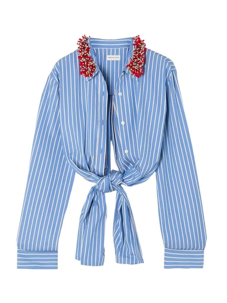 Knotted Embellished Striped Cotton-poplin Shirt - FR 34