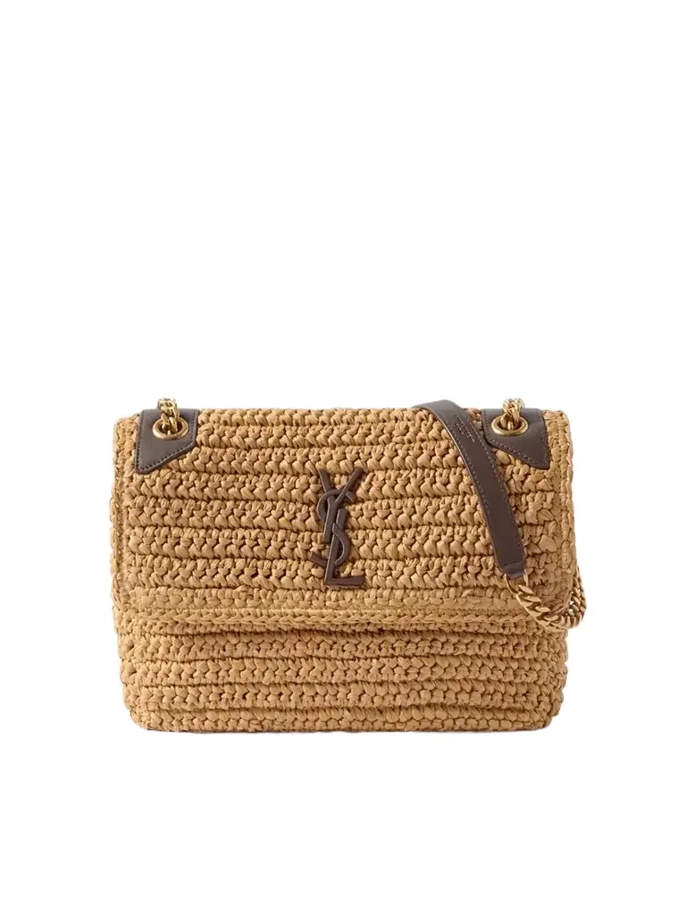 Niki Medium Leather-trimmed Raffia Shoulder Bag