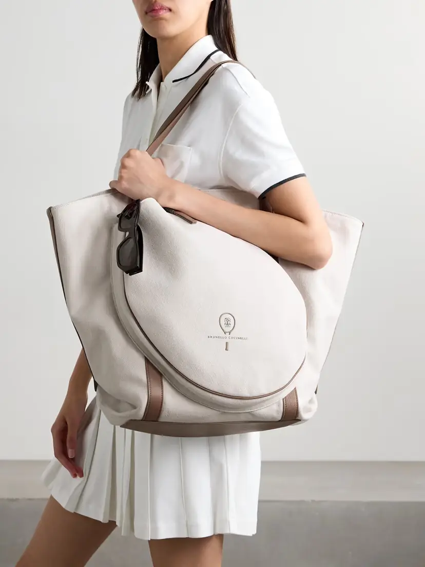 Brunello Cucinelli Embroidered Leather-trimmed Cotton And Linen-blend Canvas Tote | Thumbnail 2 Brunello Cucinelli Embroidered Leather-trimmed Cotton And Linen-blend Canvas Tote | Thumbnail 2