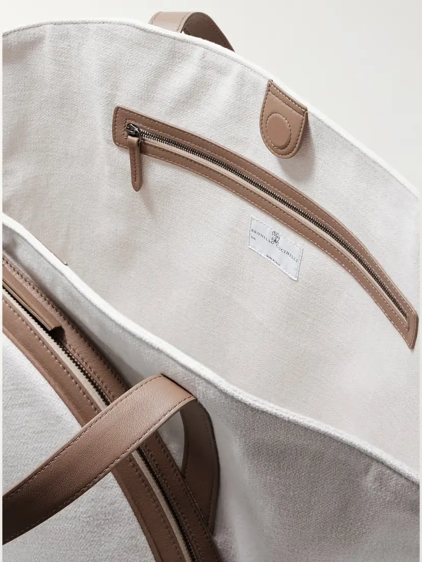 Brunello Cucinelli Embroidered Leather-trimmed Cotton And Linen-blend Canvas Tote | Thumbnail 5 Brunello Cucinelli Embroidered Leather-trimmed Cotton And Linen-blend Canvas Tote | Thumbnail 5