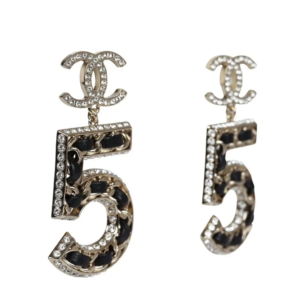 Chanel Chanel Crystal CC No 5 Chain Drop Dangle Earrings Black Leather Light Gold Metal | Thumbnail 2 Chanel Chanel Crystal CC No 5 Chain Drop Dangle Earrings Black Leather Light Gold Metal | Thumbnail 2