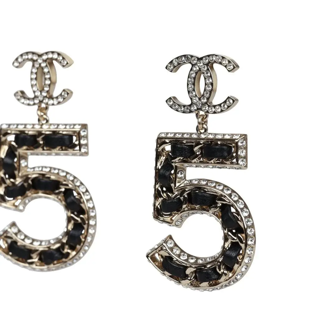 Chanel Chanel Crystal CC No 5 Chain Drop Dangle Earrings Black Leather Light Gold Metal | Thumbnail 3 Chanel Chanel Crystal CC No 5 Chain Drop Dangle Earrings Black Leather Light Gold Metal | Thumbnail 3