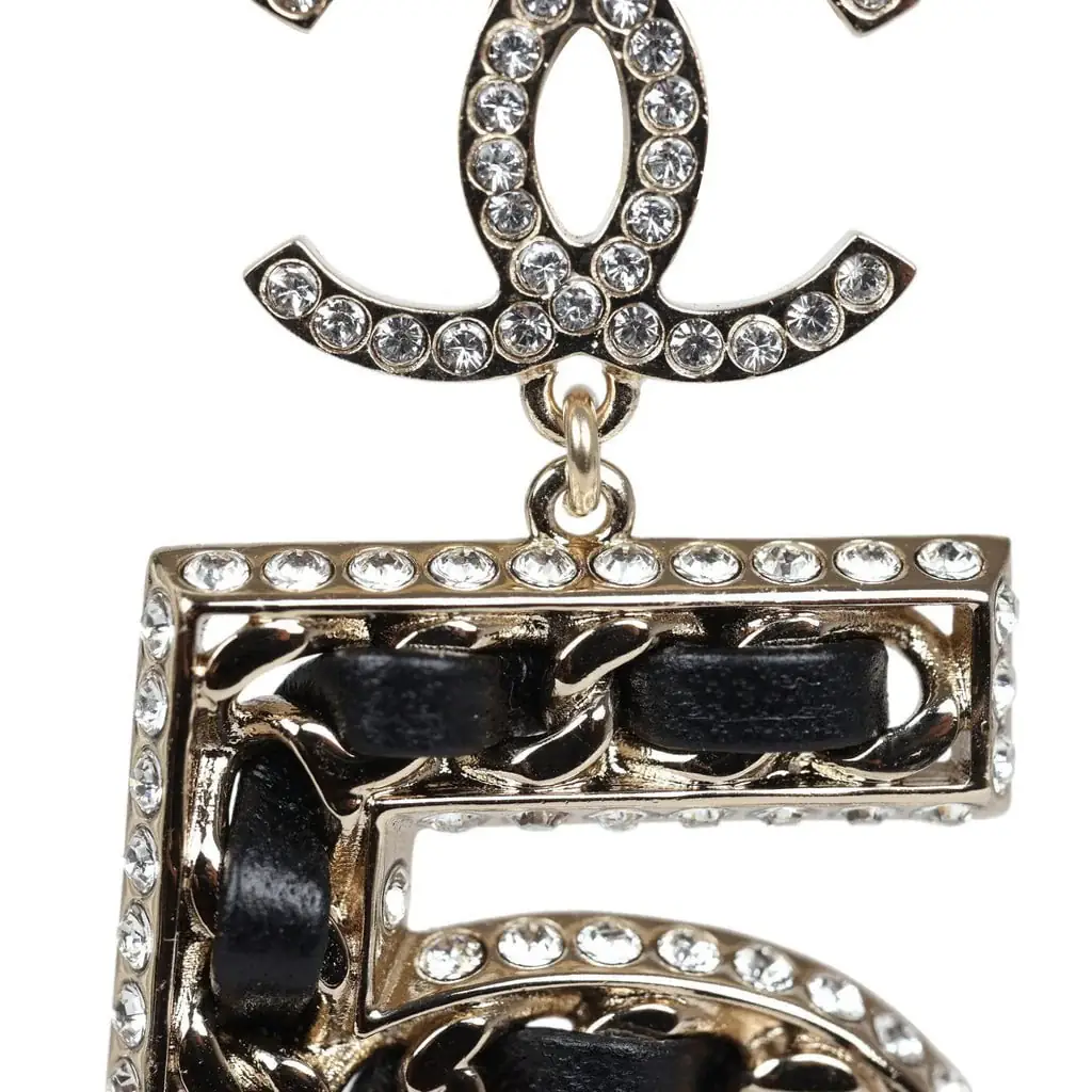 Chanel Chanel Crystal CC No 5 Chain Drop Dangle Earrings Black Leather Light Gold Metal | Thumbnail 4 Chanel Chanel Crystal CC No 5 Chain Drop Dangle Earrings Black Leather Light Gold Metal | Thumbnail 4