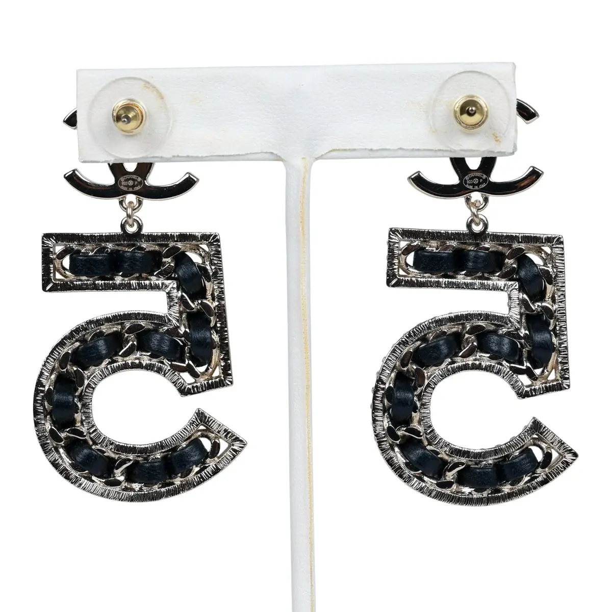 Chanel Chanel Crystal CC No 5 Chain Drop Dangle Earrings Black Leather Light Gold Metal | Thumbnail 5 Chanel Chanel Crystal CC No 5 Chain Drop Dangle Earrings Black Leather Light Gold Metal | Thumbnail 5