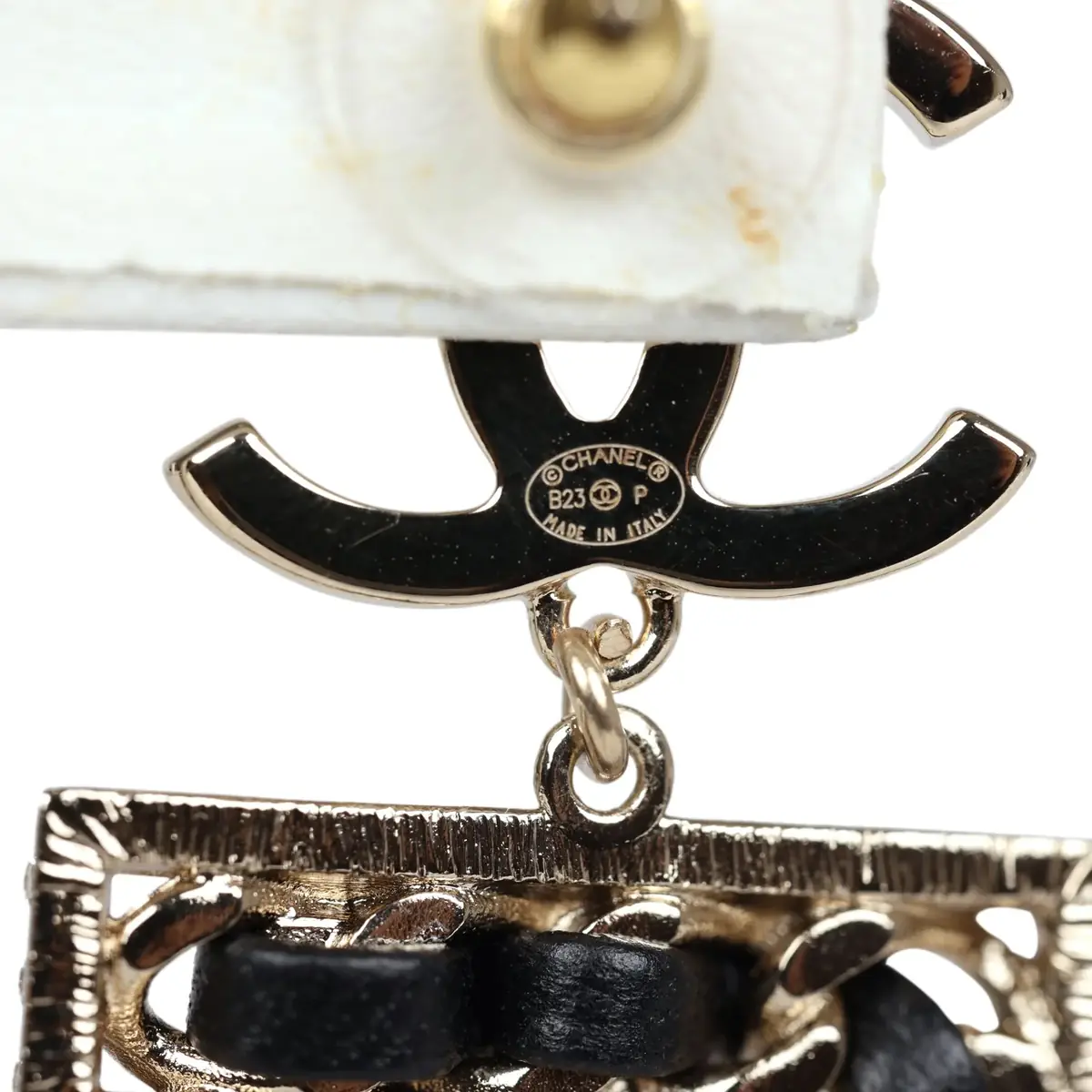 Chanel Chanel Crystal CC No 5 Chain Drop Dangle Earrings Black Leather Light Gold Metal | Thumbnail 6 Chanel Chanel Crystal CC No 5 Chain Drop Dangle Earrings Black Leather Light Gold Metal | Thumbnail 6