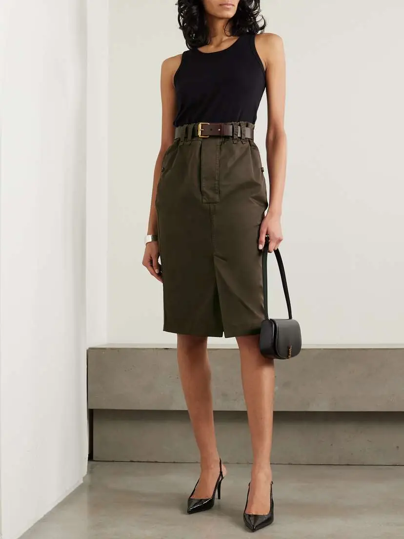 Saint Laurent Belted Leather-trimmed Denim Midi Skirt | Thumbnail 2