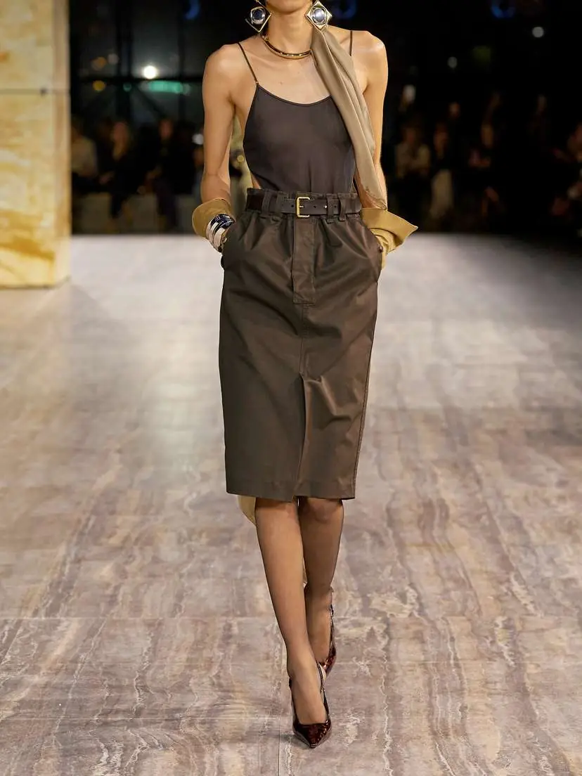 Saint Laurent Belted Leather-trimmed Denim Midi Skirt | Thumbnail 4
