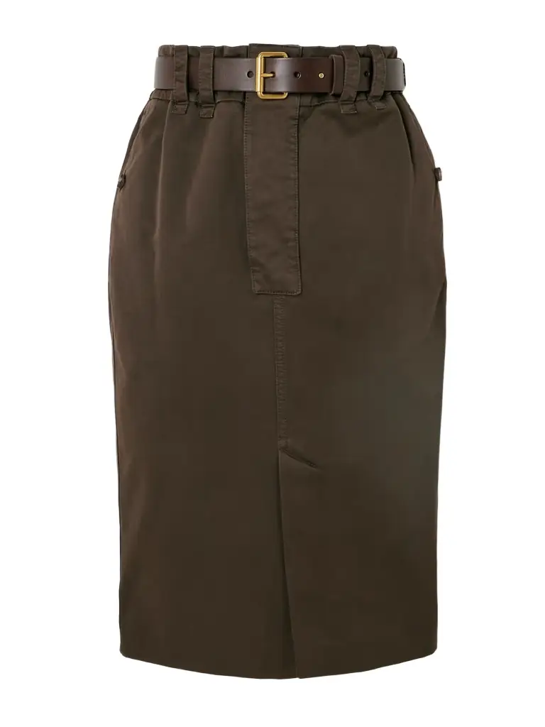 Belted Leather-trimmed Denim Midi Skirt