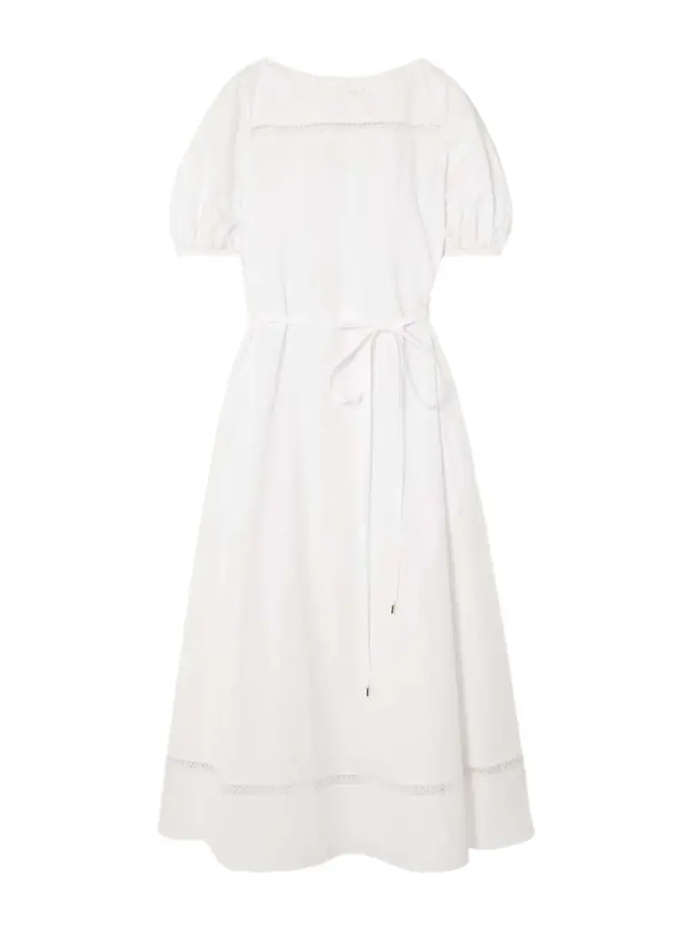 Belted Broderie Anglaise-trimmed Cotton-poplin Midi Dress