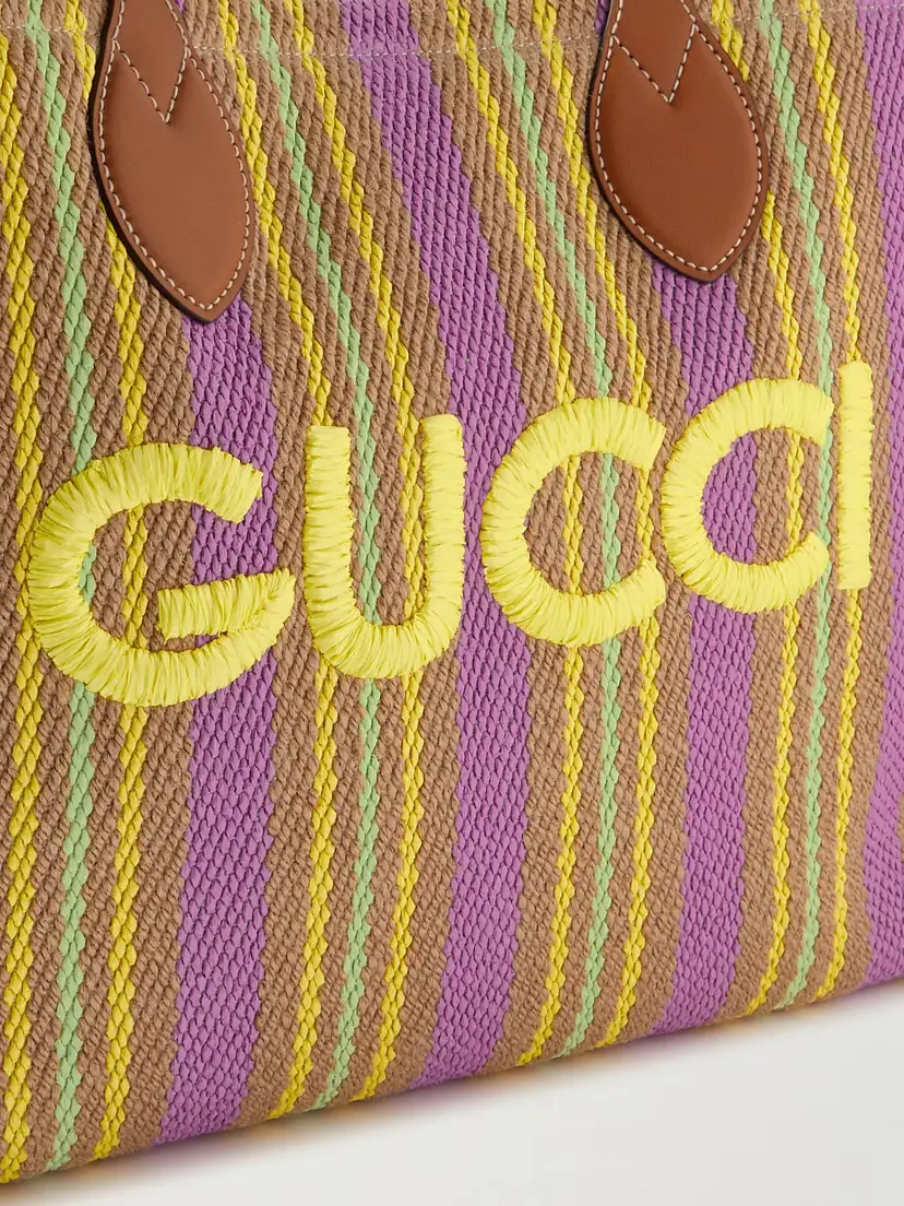 Gucci Medium Leather-trimmed Embroidered Striped Raffia Tote | Thumbnail 4 Gucci Medium Leather-trimmed Embroidered Striped Raffia Tote | Thumbnail 4