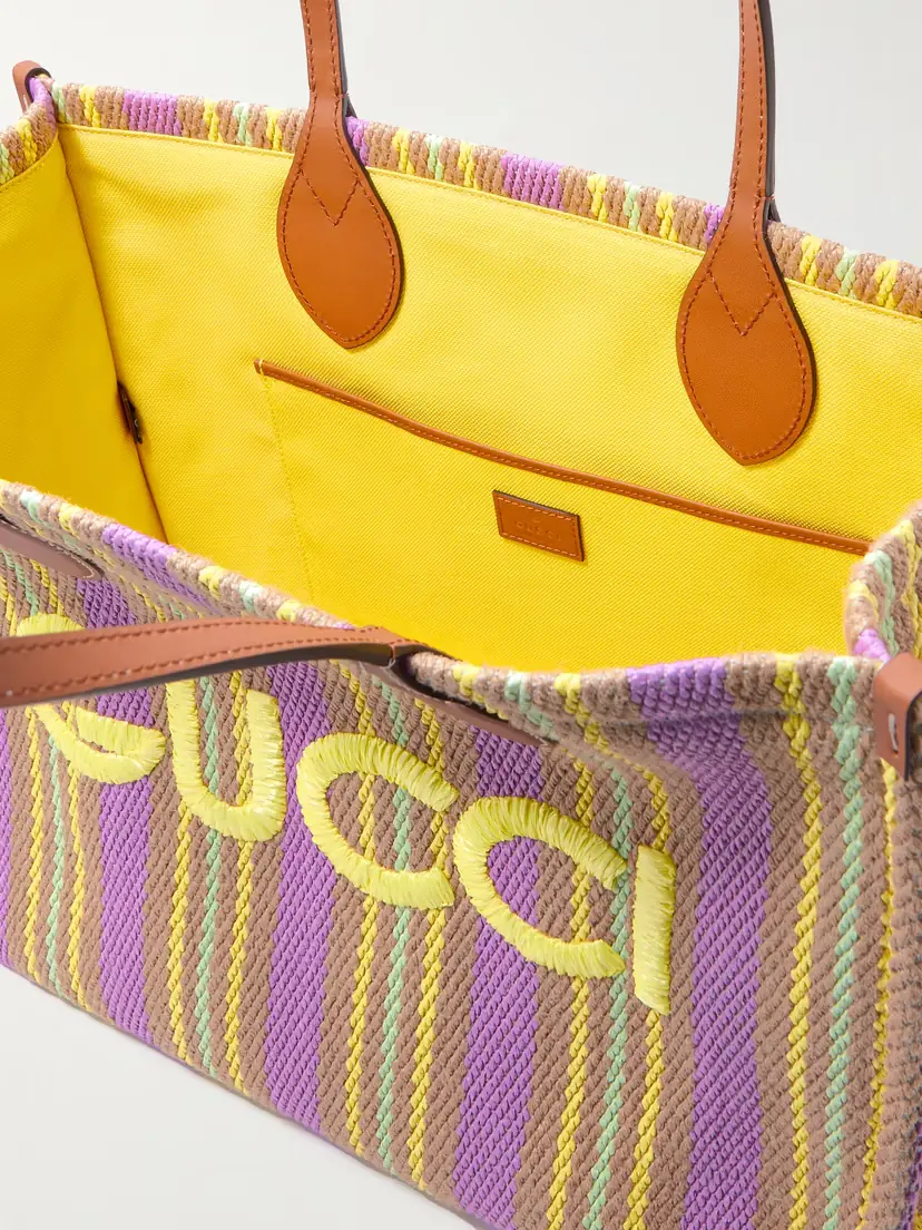 Gucci Medium Leather-trimmed Embroidered Striped Raffia Tote | Thumbnail 5 Gucci Medium Leather-trimmed Embroidered Striped Raffia Tote | Thumbnail 5