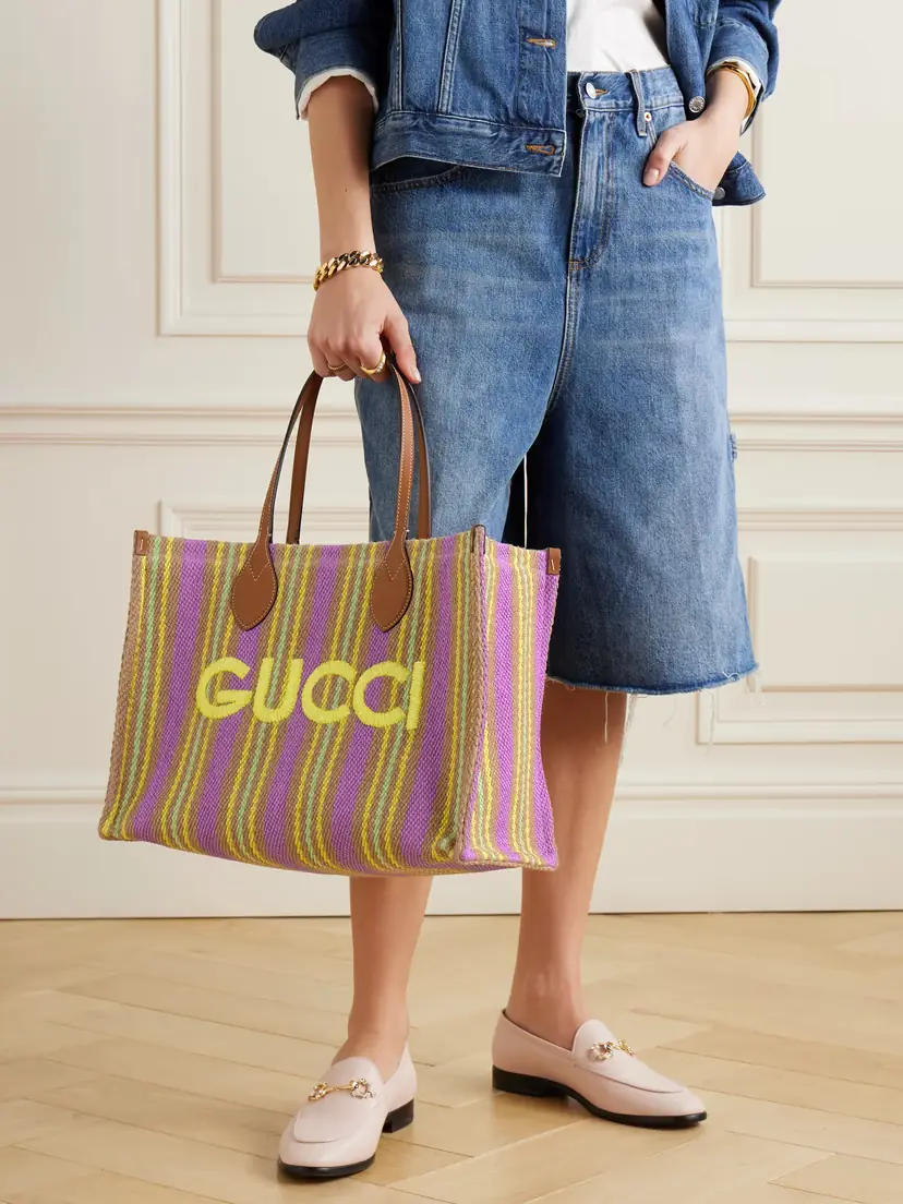 Gucci Medium Leather-trimmed Embroidered Striped Raffia Tote | Thumbnail 6 Gucci Medium Leather-trimmed Embroidered Striped Raffia Tote | Thumbnail 6