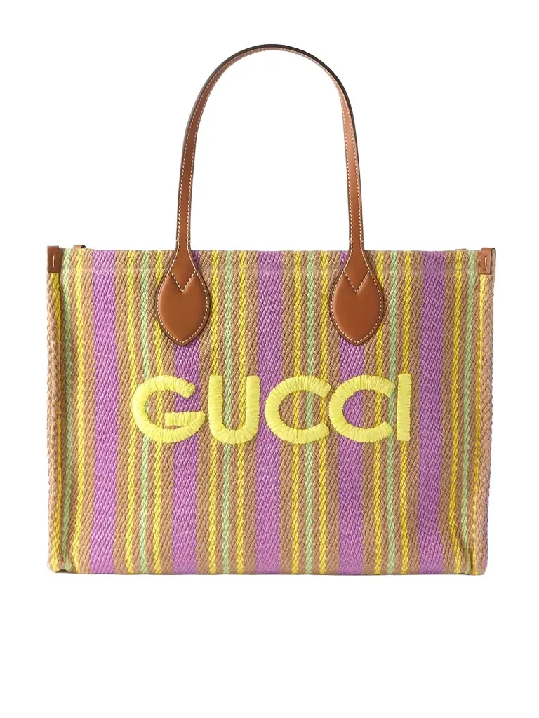 Medium Leather-trimmed Embroidered Striped Raffia Tote