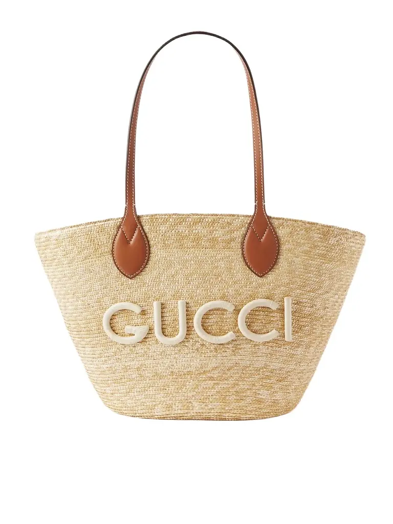 Gucci Leather-trimmed Appliquéd Raffia Tote | Thumbnail 1 Gucci Leather-trimmed Appliquéd Raffia Tote | Thumbnail 1