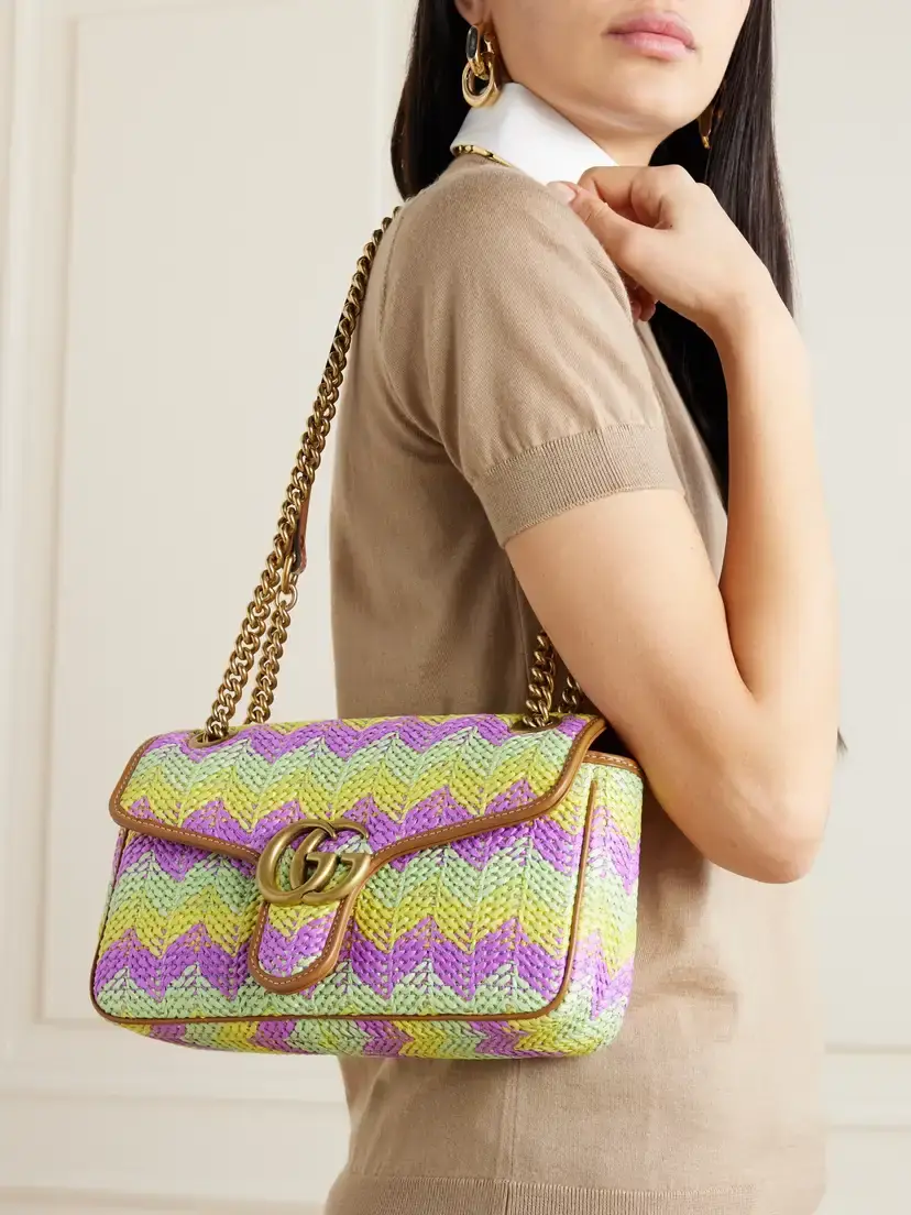 Gucci Gg Marmont 2.0 Leather-trimmed Striped Raffia Shoulder Bag | Thumbnail 2 Gucci Gg Marmont 2.0 Leather-trimmed Striped Raffia Shoulder Bag | Thumbnail 2