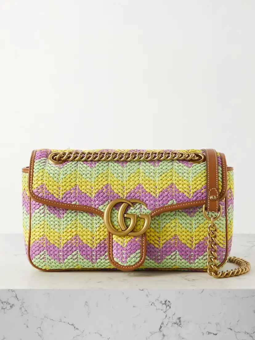 Gg Marmont 2.0 Leather-trimmed Striped Raffia Shoulder Bag