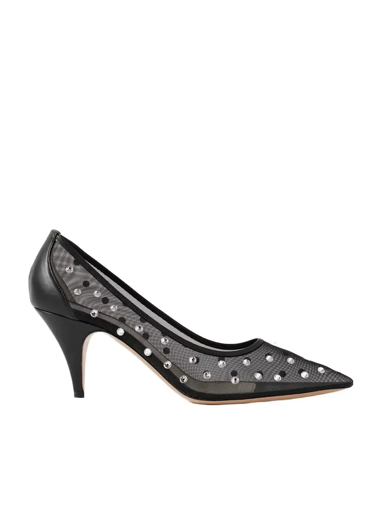 River Iconic Leather-trimmed Crystal-embellished Mesh Pumps