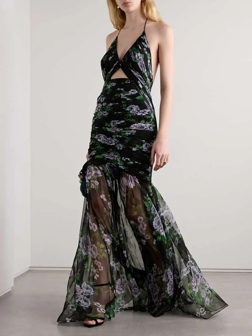 Carolina Herrera Cutout Ruched Floral-print Silk-georgette Halterneck Gown | Thumbnail 2 Carolina Herrera Cutout Ruched Floral-print Silk-georgette Halterneck Gown | Thumbnail 2