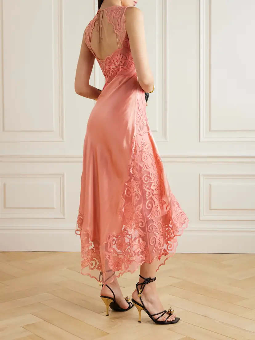 Ulla Johnson Kaia Open-back Asymmetric Appliquéd Tulle-trimmed Silk-charmeuse Midi Dress | Thumbnail 3 Ulla Johnson Kaia Open-back Asymmetric Appliquéd Tulle-trimmed Silk-charmeuse Midi Dress | Thumbnail 3