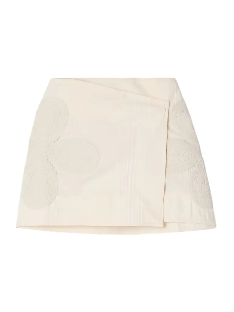 Brouhaha Raffia-trimmed Embroidered Cotton Mini Wrap Skirt