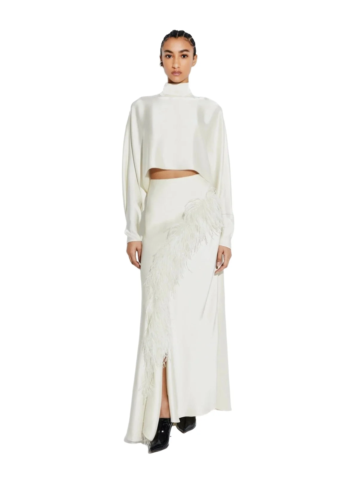 Satin Asymmetric Skirt With Feathers