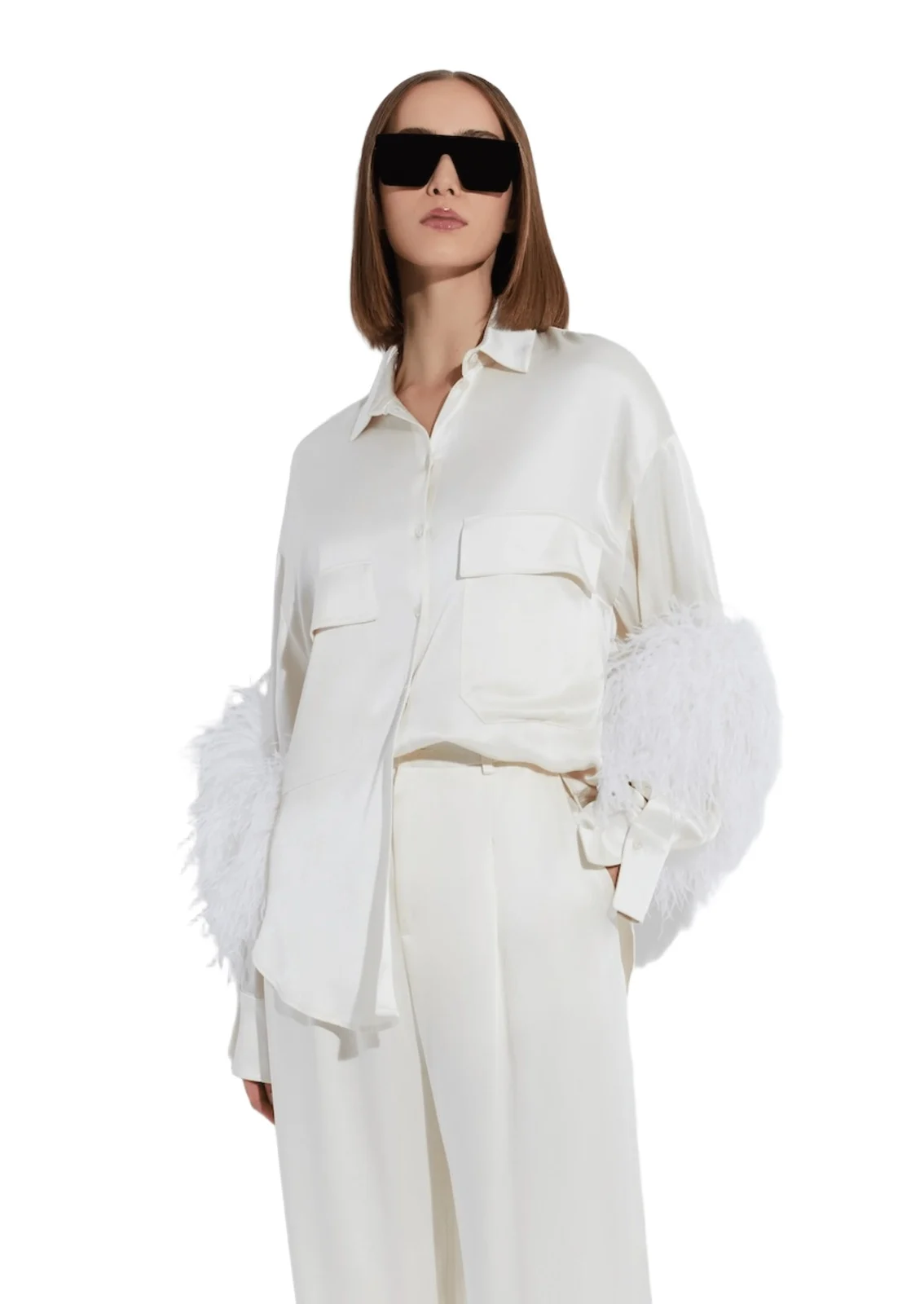 Satin Button Down With Feathers