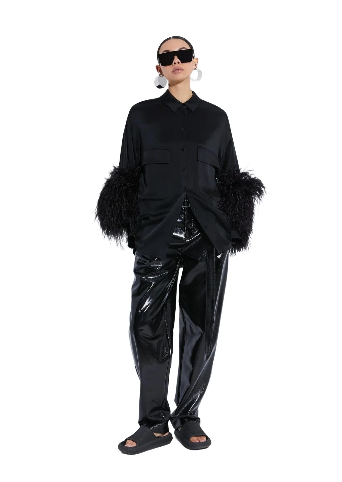 Satin Button Down With Feathers Satin Button Down With Feathers