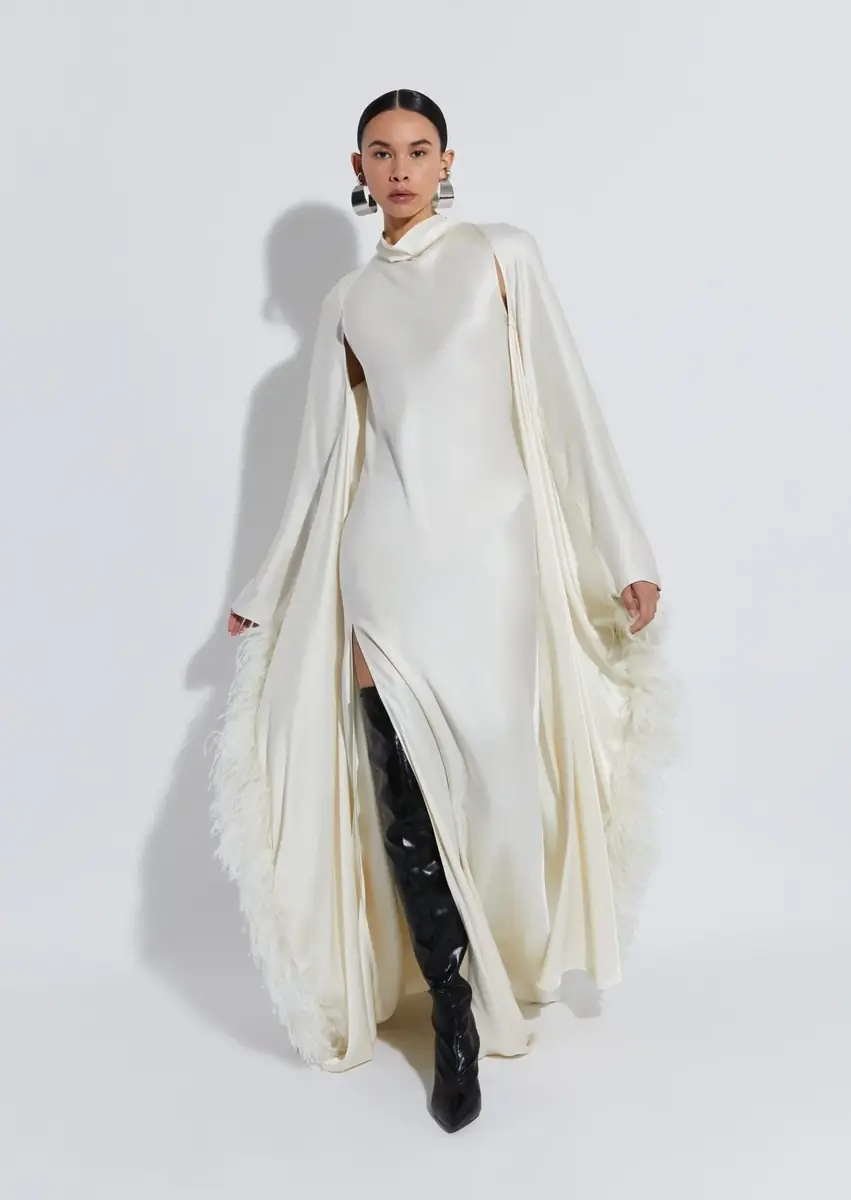 Lapointe Satin Caftan With Feathers | Thumbnail 2