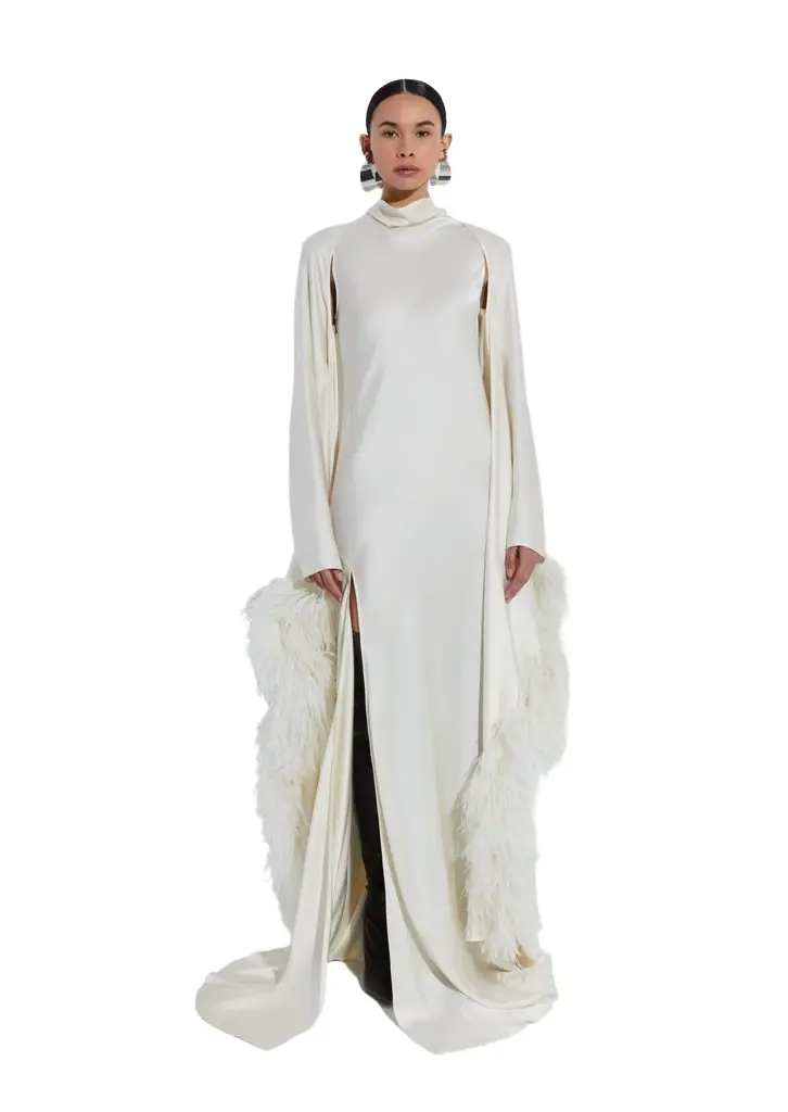 Satin Caftan With Feathers