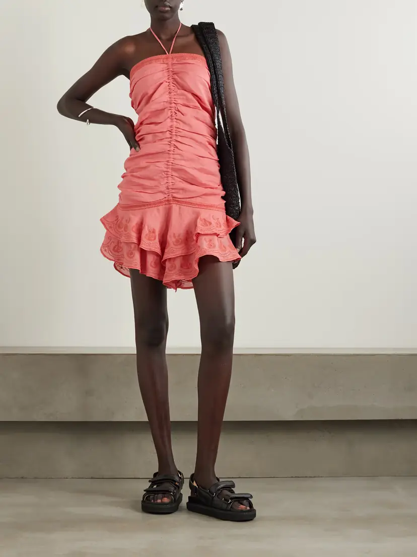 Isabel Marant Emanuela Ruched Embroidered Ramie Halterneck Mini Dress | Thumbnail 2 Isabel Marant Emanuela Ruched Embroidered Ramie Halterneck Mini Dress | Thumbnail 2