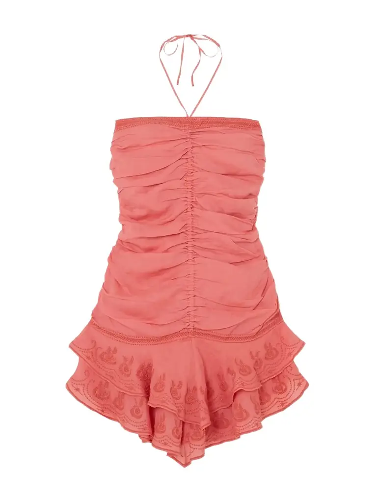 Emanuela Ruched Embroidered Ramie Halterneck Mini Dress