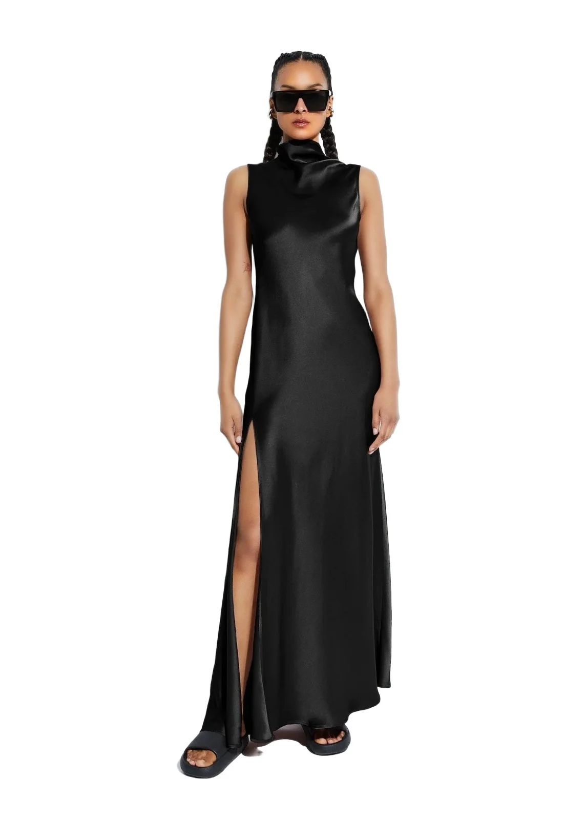 Satin Drape Neck Sleeveless Dress Satin Drape Neck Sleeveless Dress