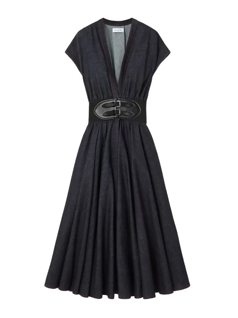 Belted Denim Midi Wrap Dress