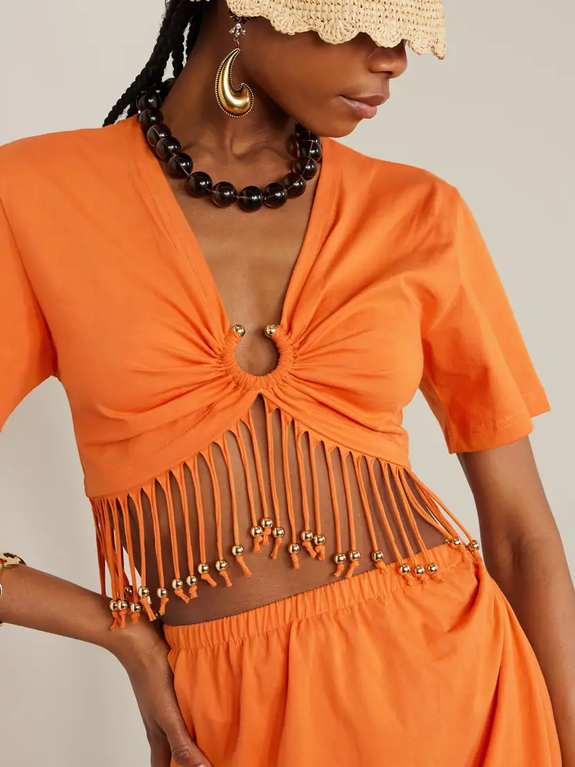Rabanne Cropped Fringed Embellished Cotton-jersey Top | Thumbnail 3 Rabanne Cropped Fringed Embellished Cotton-jersey Top | Thumbnail 3
