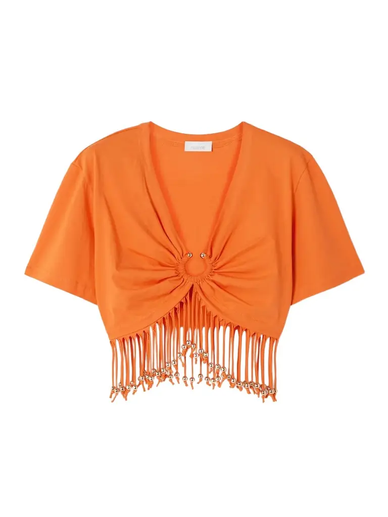 Cropped Fringed Embellished Cotton-jersey Top