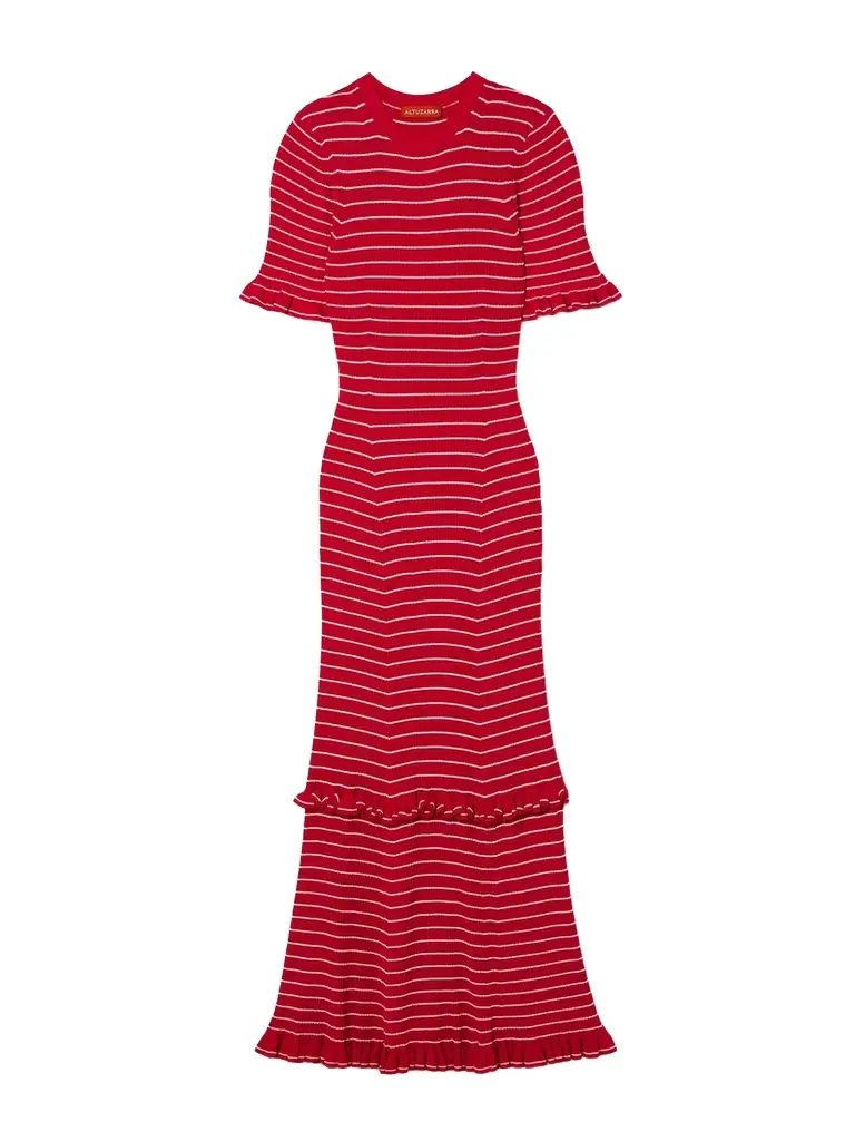 Delpini Ruffled Striped Ribbed-knit Midi Dress
