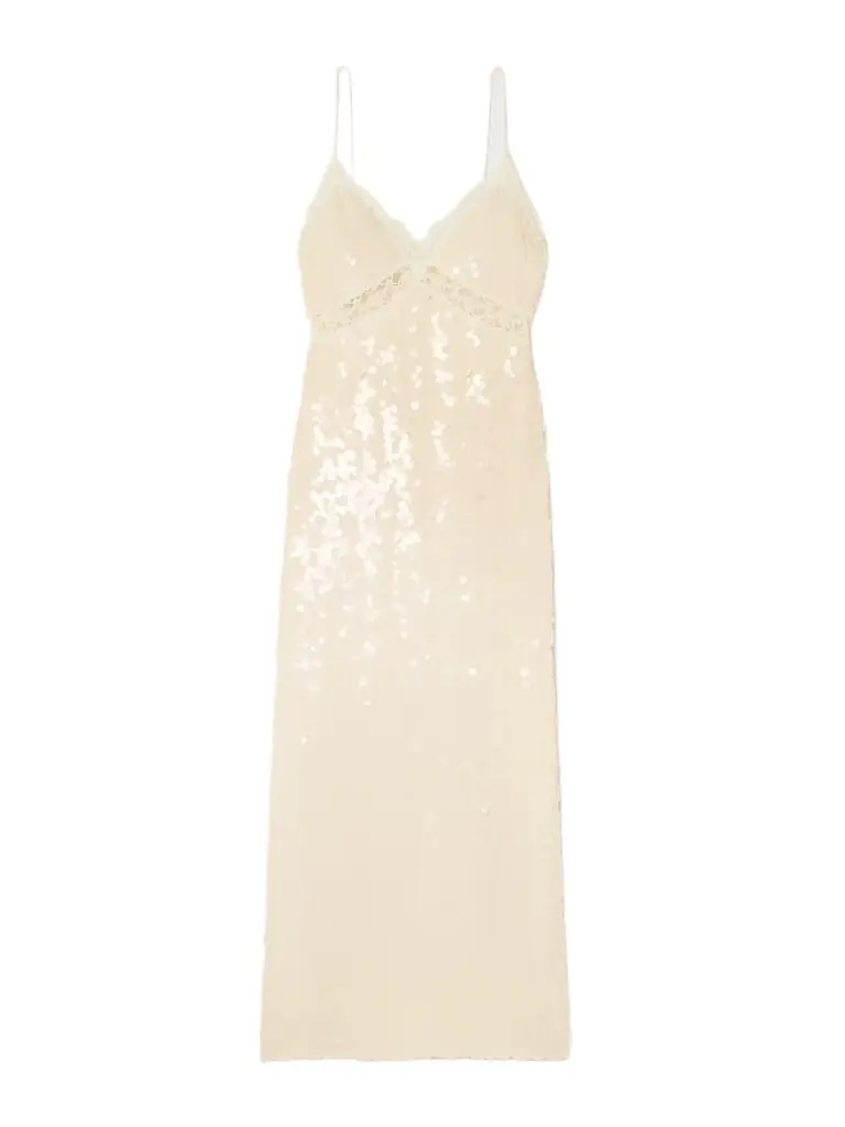 Olmine Lace-trimmed Sequined Satin Maxi Dress