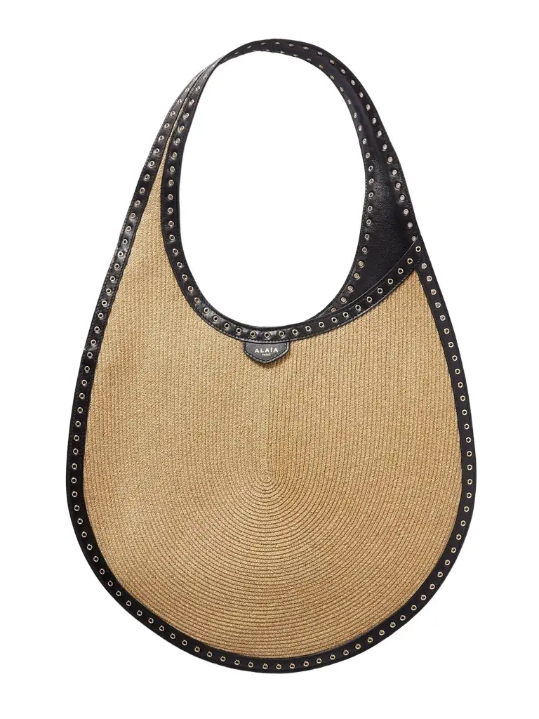 One Piece Medium Embellished Leather-trimmed Raffia Shoulder Bag