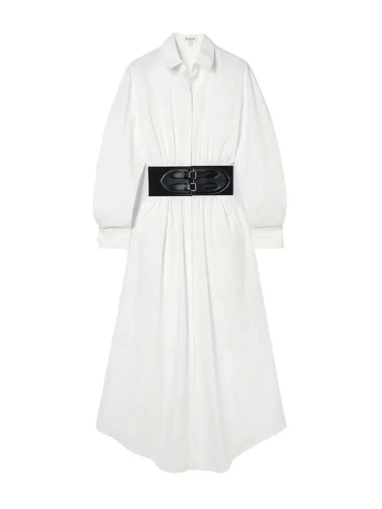 Belted Leather-trimmed Cotton-poplin Midi Shirt Dress