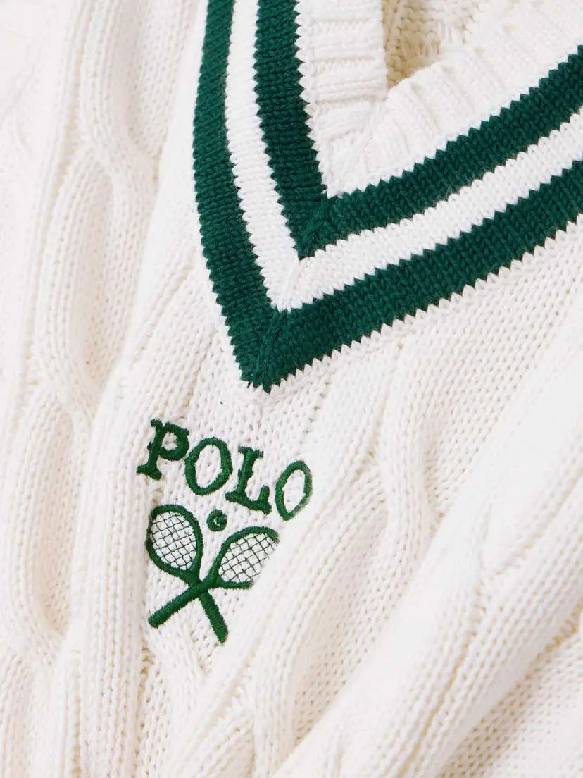 Polo Ralph Lauren + Wimbledon Appliquéd Embroidered Cable-knit Cotton Vest - x large | Thumbnail 4 Polo Ralph Lauren + Wimbledon Appliquéd Embroidered Cable-knit Cotton Vest - x large | Thumbnail 4