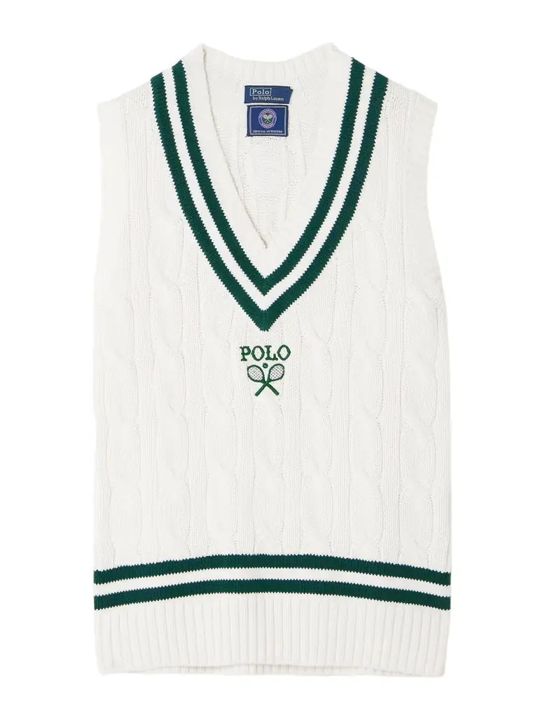 + Wimbledon Appliquéd Embroidered Cable-knit Cotton Vest - x large