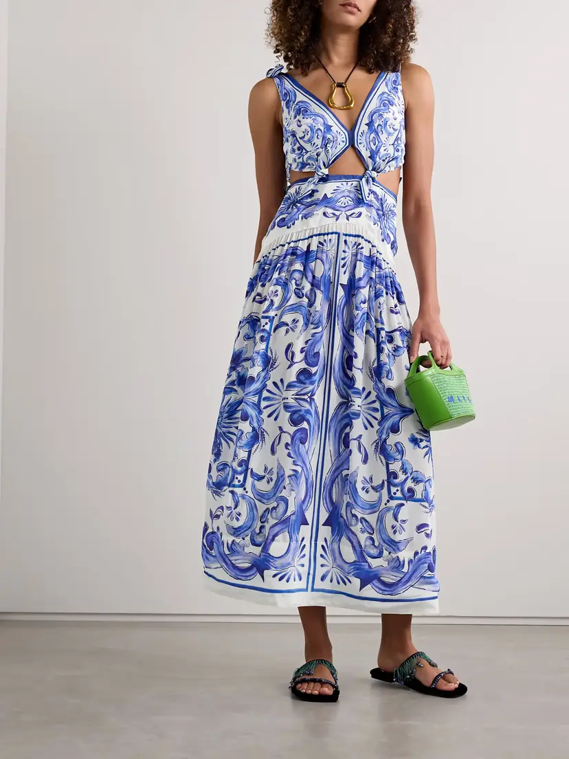 Farm Rio Garden Tiles Cutout Gathered Printed Satin Midi Dress - x large | Thumbnail 2