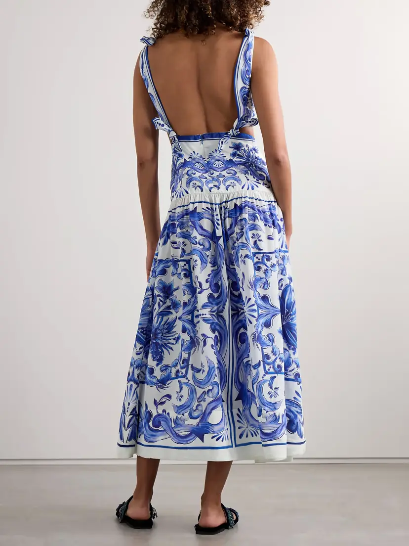 Farm Rio Garden Tiles Cutout Gathered Printed Satin Midi Dress - x large | Thumbnail 3