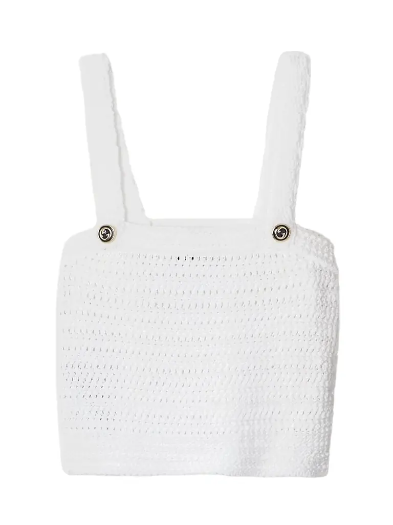 Cropped Button-embellished Crocheted Cotton Top